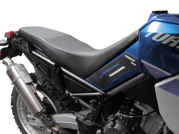 REVolution OEM Motorcycle Seat Upgrade for the Aprilia Tuareg 660 2022+ with CFX and black topstitch..